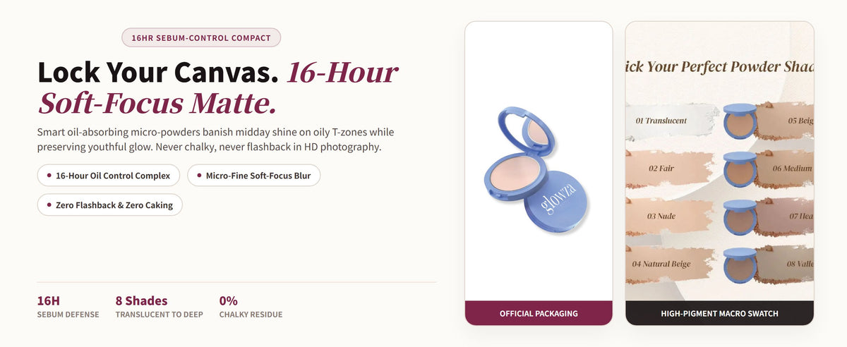 Glowza 16HR Matte Pressed Setting Powder — Lock Your Canvas. 16-Hour Soft-Focus Matte.