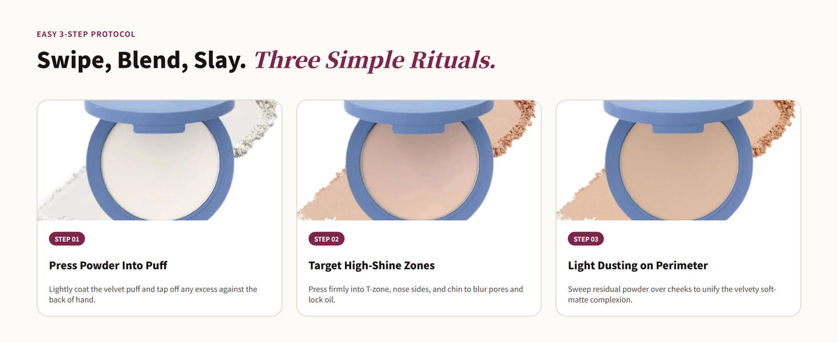 Glowza 16HR Matte Pressed Setting Powder — Swipe, Blend, Slay. Three Simple Rituals.