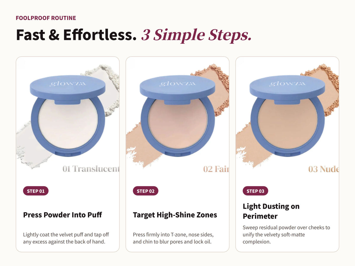 Glowza 16HR Matte Pressed Setting Powder — Swipe, Blend, Slay. Three Simple Rituals.