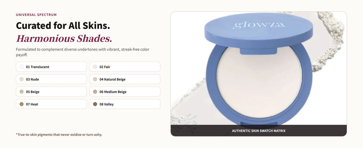 Glowza 16HR Matte Pressed Setting Powder — Curated for All Skins. Harmonious Shades.