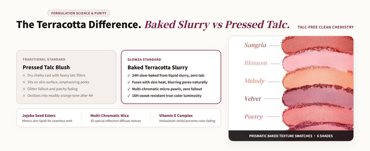 Glowza Baked Highlight Blush — The Terracotta Difference. Baked Slurry vs Pressed Talc.