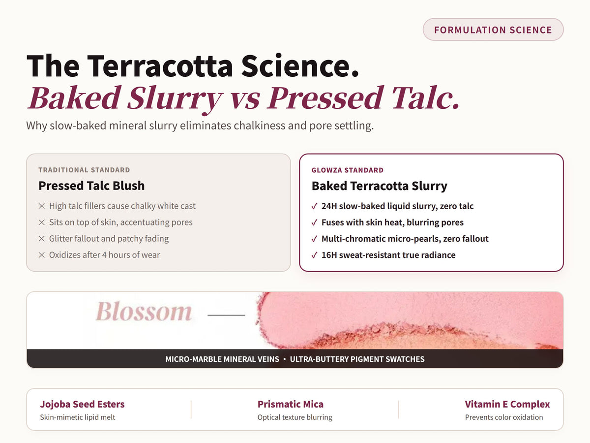 Glowza Baked Highlight Blush — The Terracotta Difference. Baked Slurry vs Pressed Talc.