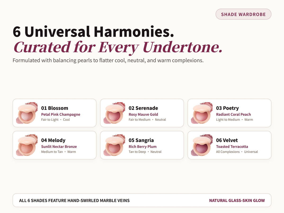 Glowza Baked Highlight Blush — 6 Universal Harmonies. Curated for Every Undertone.