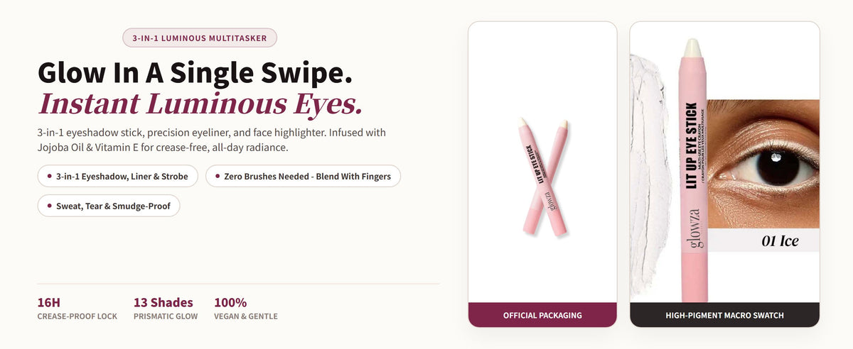 Glowza Dazzle Eye Highlighter Stick — Glow In A Single Swipe. Instant Luminous Eyes.