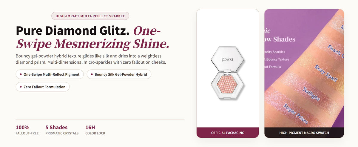Glowza Diamond Shimmer Eyeshadow — Pure Diamond Glitz. One-Swipe Mesmerizing Shine.