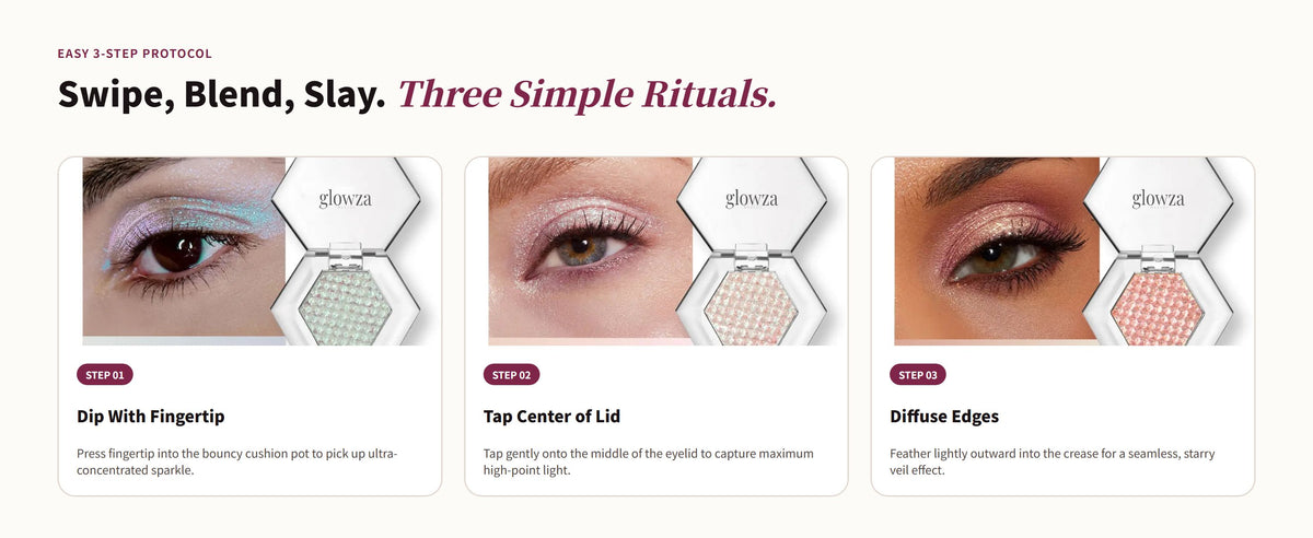 Glowza Diamond Shimmer Eyeshadow — Swipe, Blend, Slay. Three Simple Rituals.
