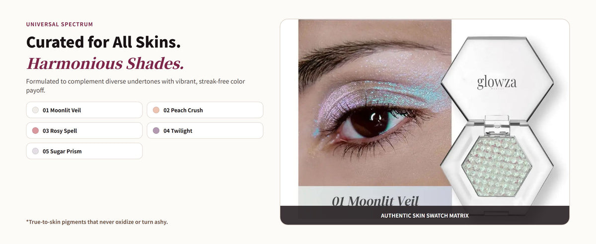 Glowza Diamond Shimmer Eyeshadow — Curated for All Skins. Harmonious Shades.