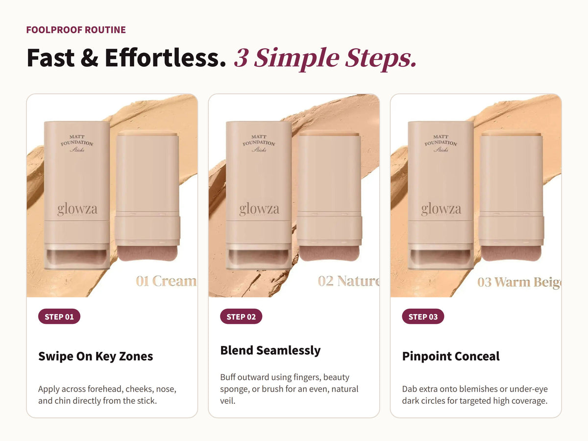 Glowza Flawless Matte Foundation Stick — Swipe, Blend, Slay. Three Simple Rituals.