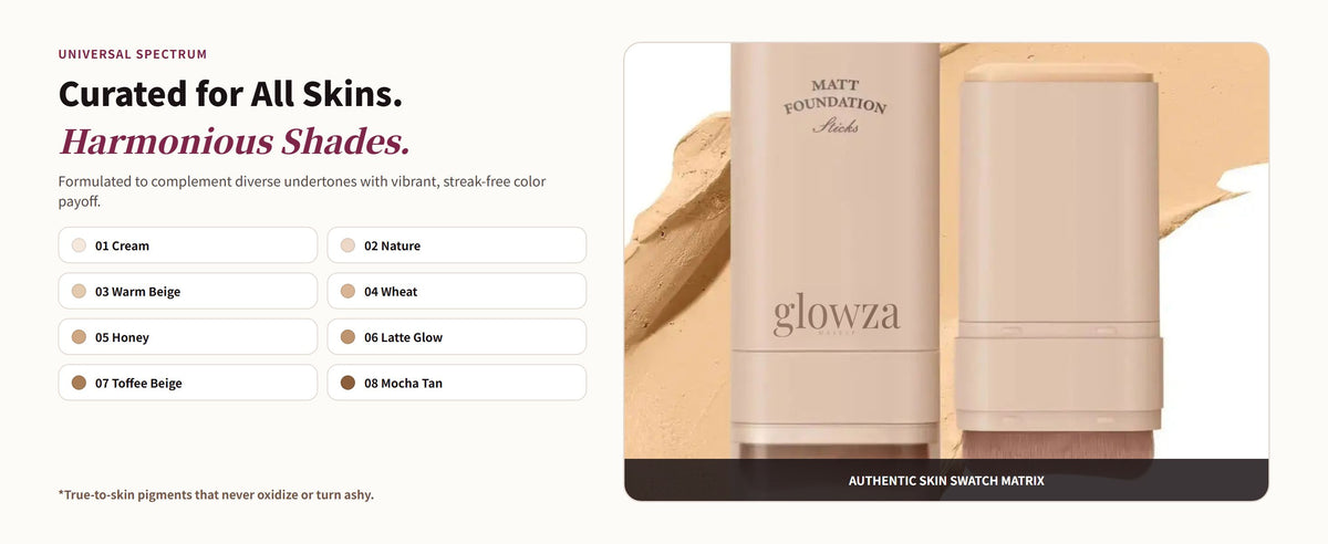 Glowza Flawless Matte Foundation Stick — Curated for All Skins. Harmonious Shades.