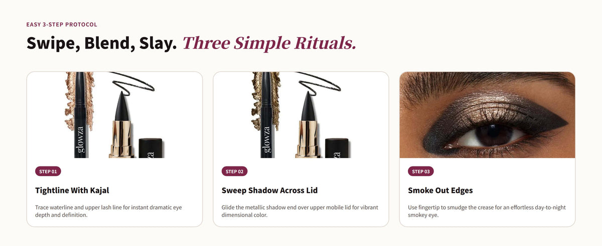 Glowza Glam Duo Kajal & Shadow Stick — Swipe, Blend, Slay. Three Simple Rituals.
