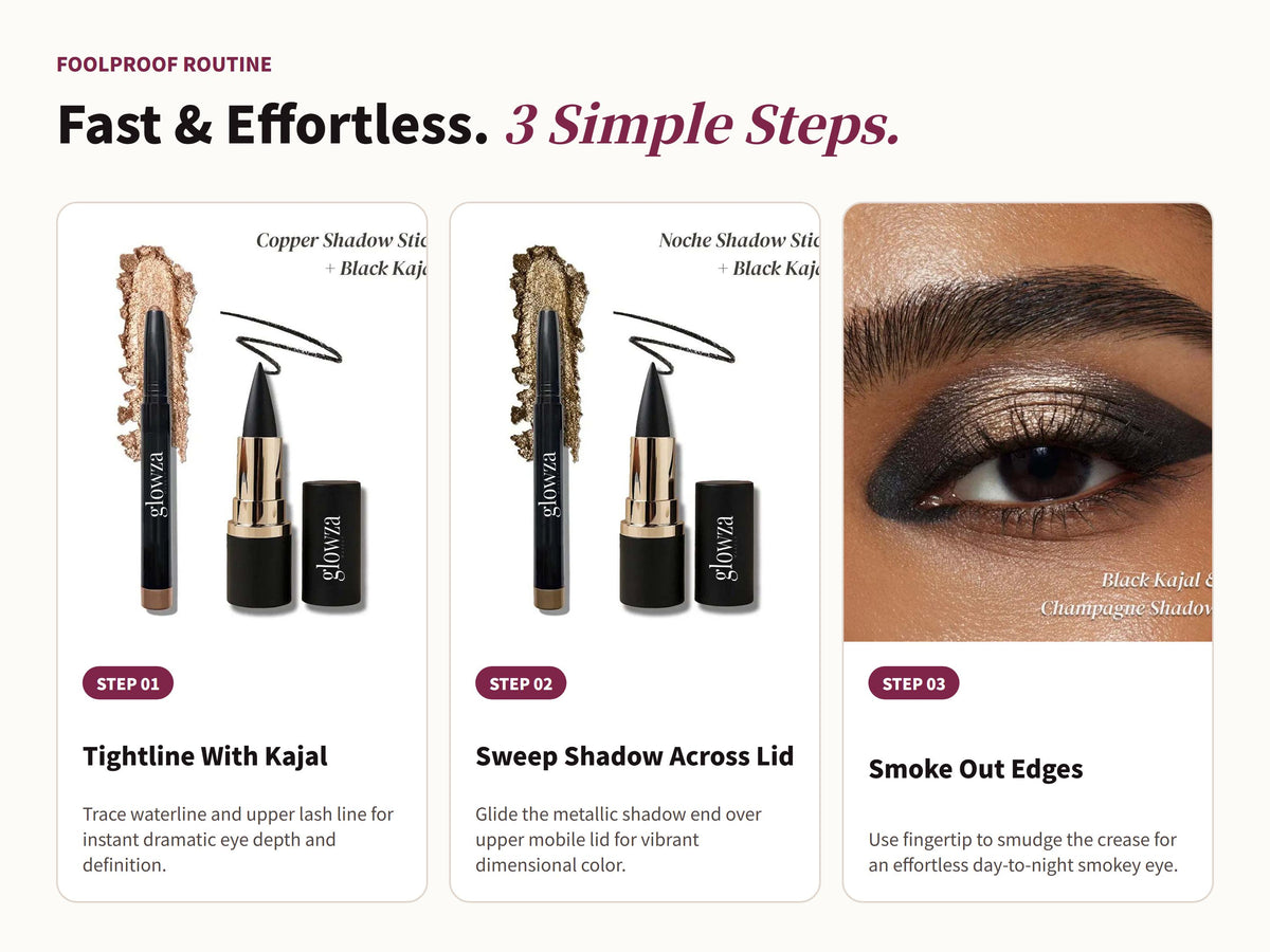 Glowza Glam Duo Kajal & Shadow Stick — Swipe, Blend, Slay. Three Simple Rituals.