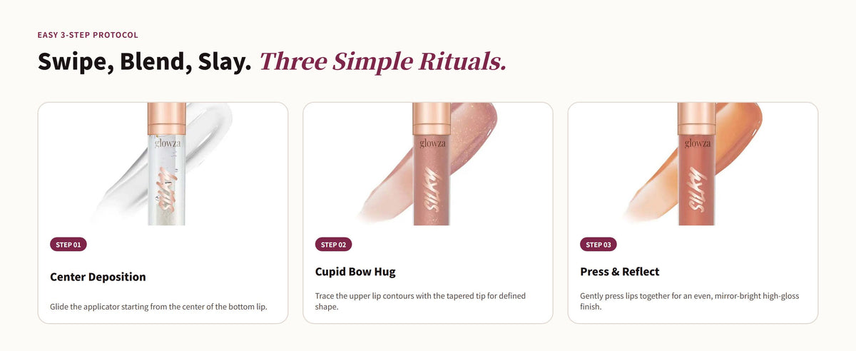 Glowza Glassy Lip Serum Gloss — Swipe, Blend, Slay. Three Simple Rituals.