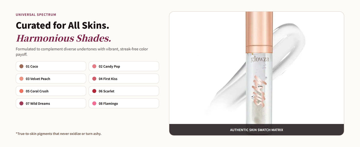 Glowza Glassy Lip Serum Gloss — Curated for All Skins. Harmonious Shades.