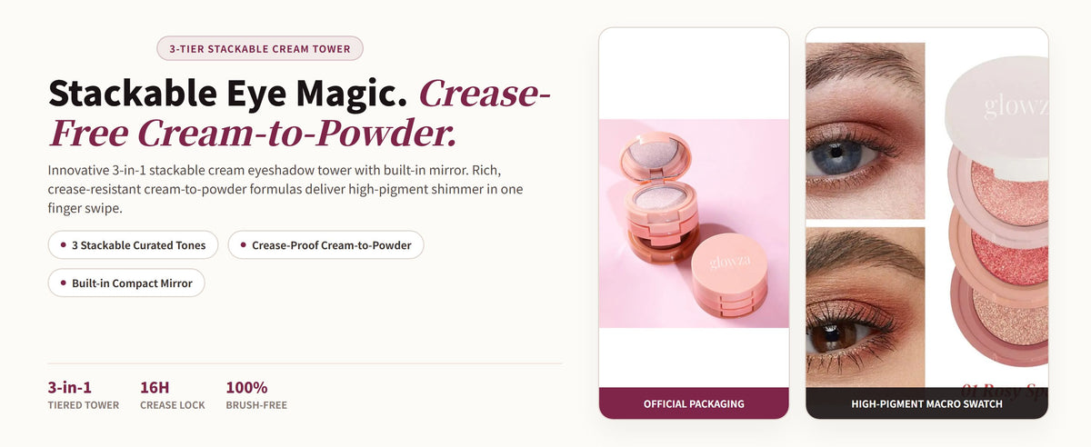 Glowza Gleam Cream Eyeshadow Trio — Stackable Eye Magic. Crease-Free Cream-to-Powder.