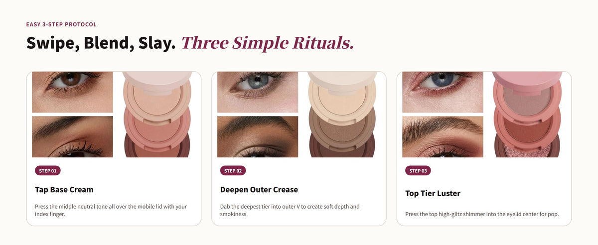 Glowza Gleam Cream Eyeshadow Trio — Swipe, Blend, Slay. Three Simple Rituals.
