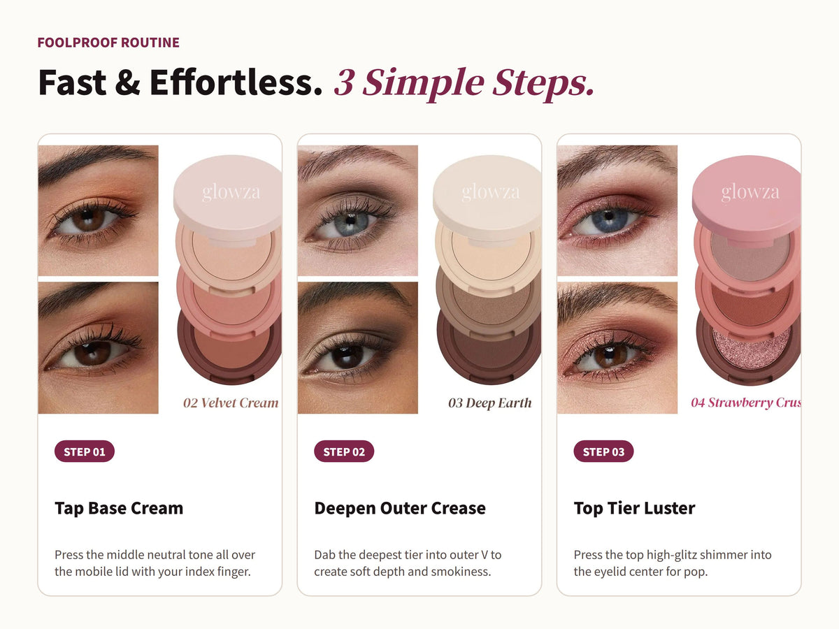 Glowza Gleam Cream Eyeshadow Trio — Swipe, Blend, Slay. Three Simple Rituals.