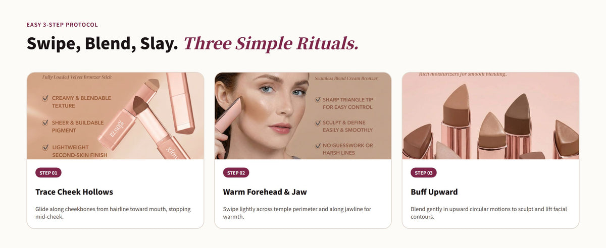 Glowza Glow Sculpt Cream Bronzer Stick — Swipe, Blend, Slay. Three Simple Rituals.
