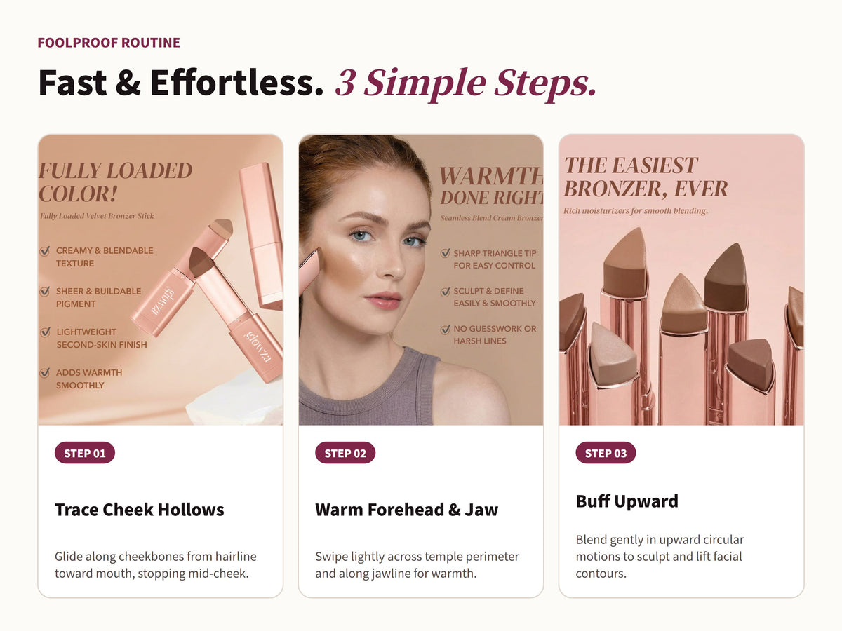 Glowza Glow Sculpt Cream Bronzer Stick — Swipe, Blend, Slay. Three Simple Rituals.
