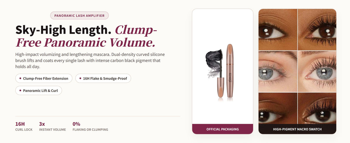 Glowza Instant Volume & Length Mascara — Sky-High Length. Clump-Free Panoramic Volume.