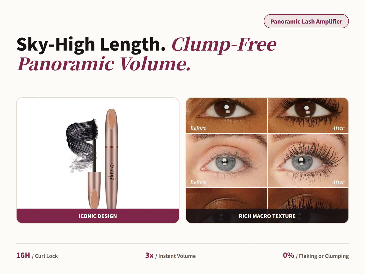 Glowza Instant Volume & Length Mascara — Sky-High Length. Clump-Free Panoramic Volume.