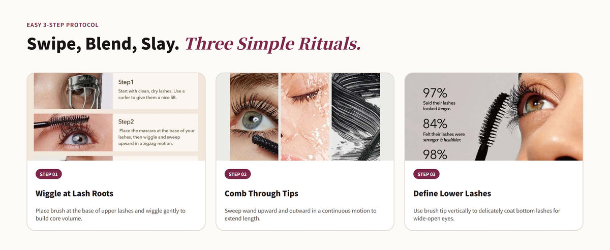 Glowza Instant Volume & Length Mascara — Swipe, Blend, Slay. Three Simple Rituals.