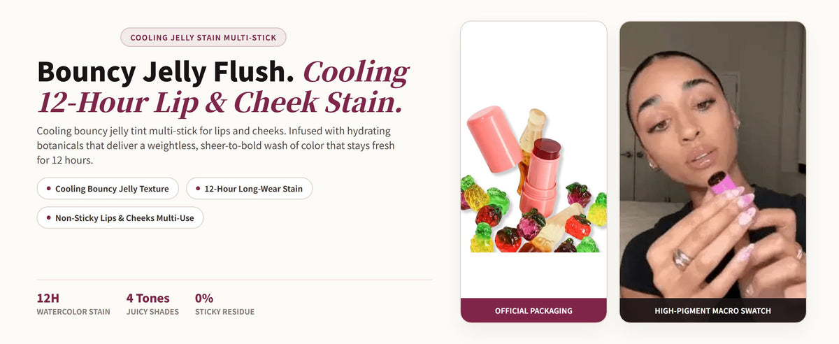 Glowza Jelly Tint Multi-Stick for Lips & Cheeks — Bouncy Jelly Flush. Cooling 12-Hour Lip & Cheek Stain.