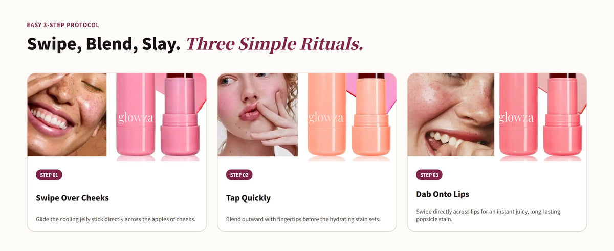 Glowza Jelly Tint Multi-Stick for Lips & Cheeks — Swipe, Blend, Slay. Three Simple Rituals.