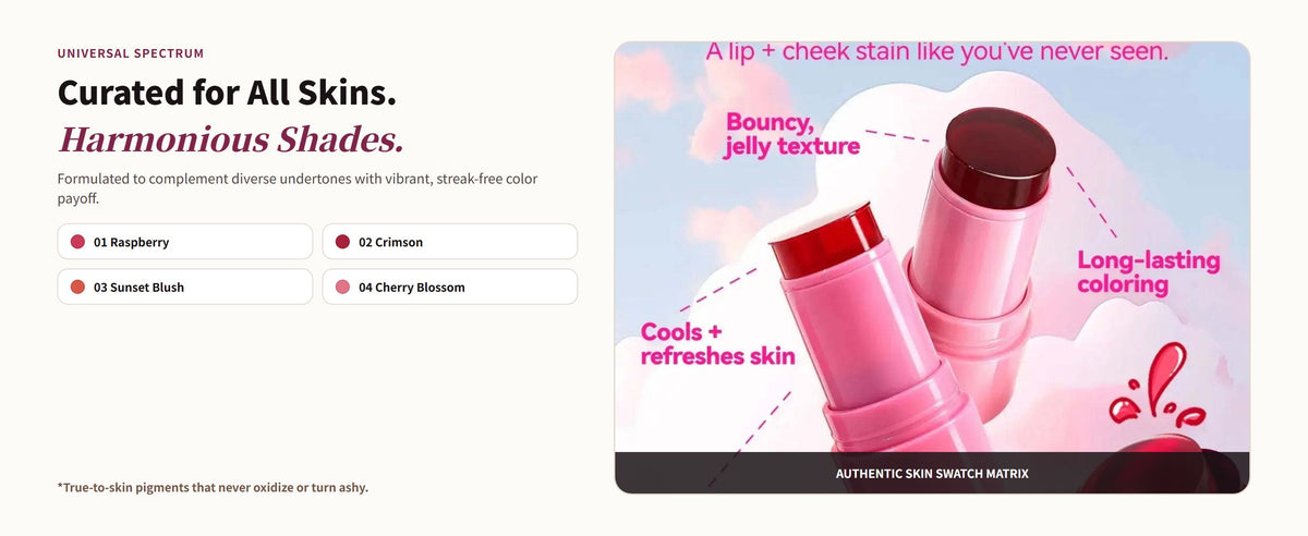 Glowza Jelly Tint Multi-Stick for Lips & Cheeks — Curated for All Skins. Harmonious Shades.