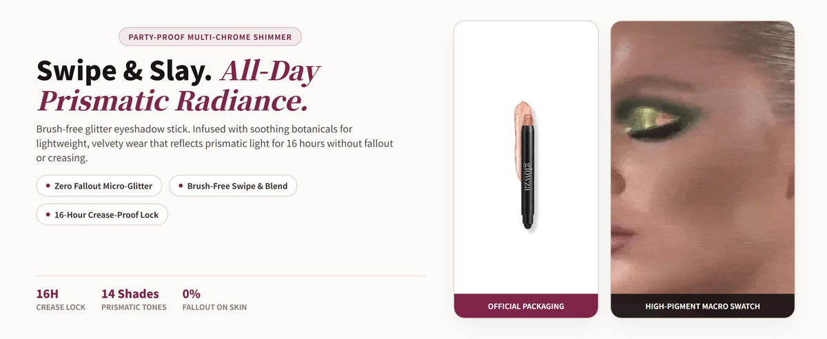 Glowza Long-Wear Glitter Eyeshadow Stick — Swipe & Slay. All-Day Prismatic Radiance.