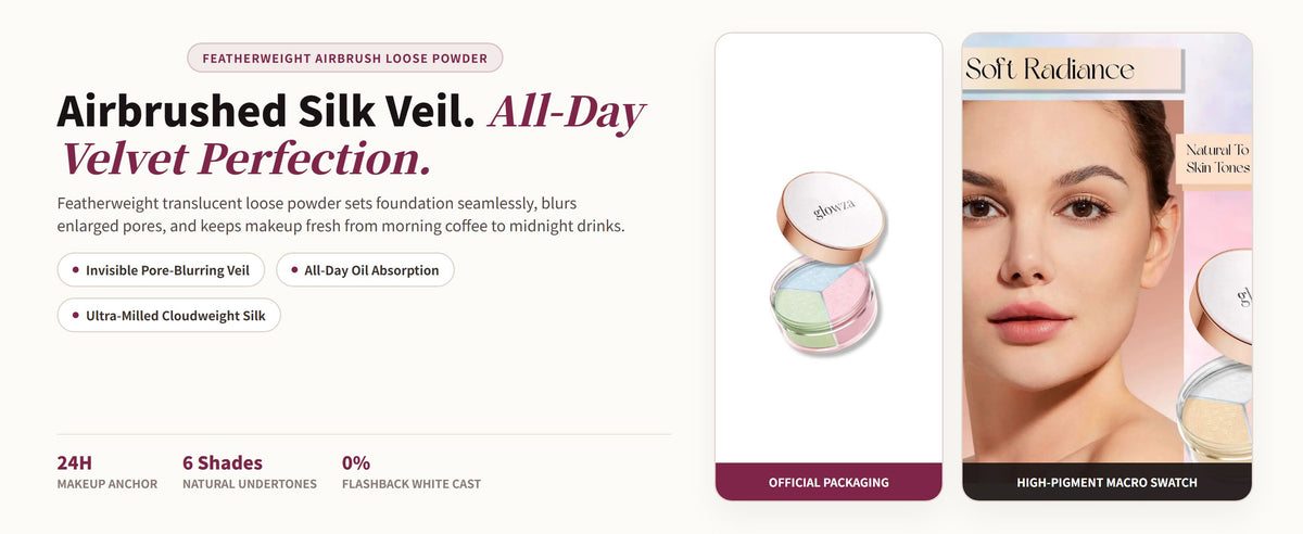Glowza Long-Wear Loose Setting Powder — Airbrushed Silk Veil. All-Day Velvet Perfection.