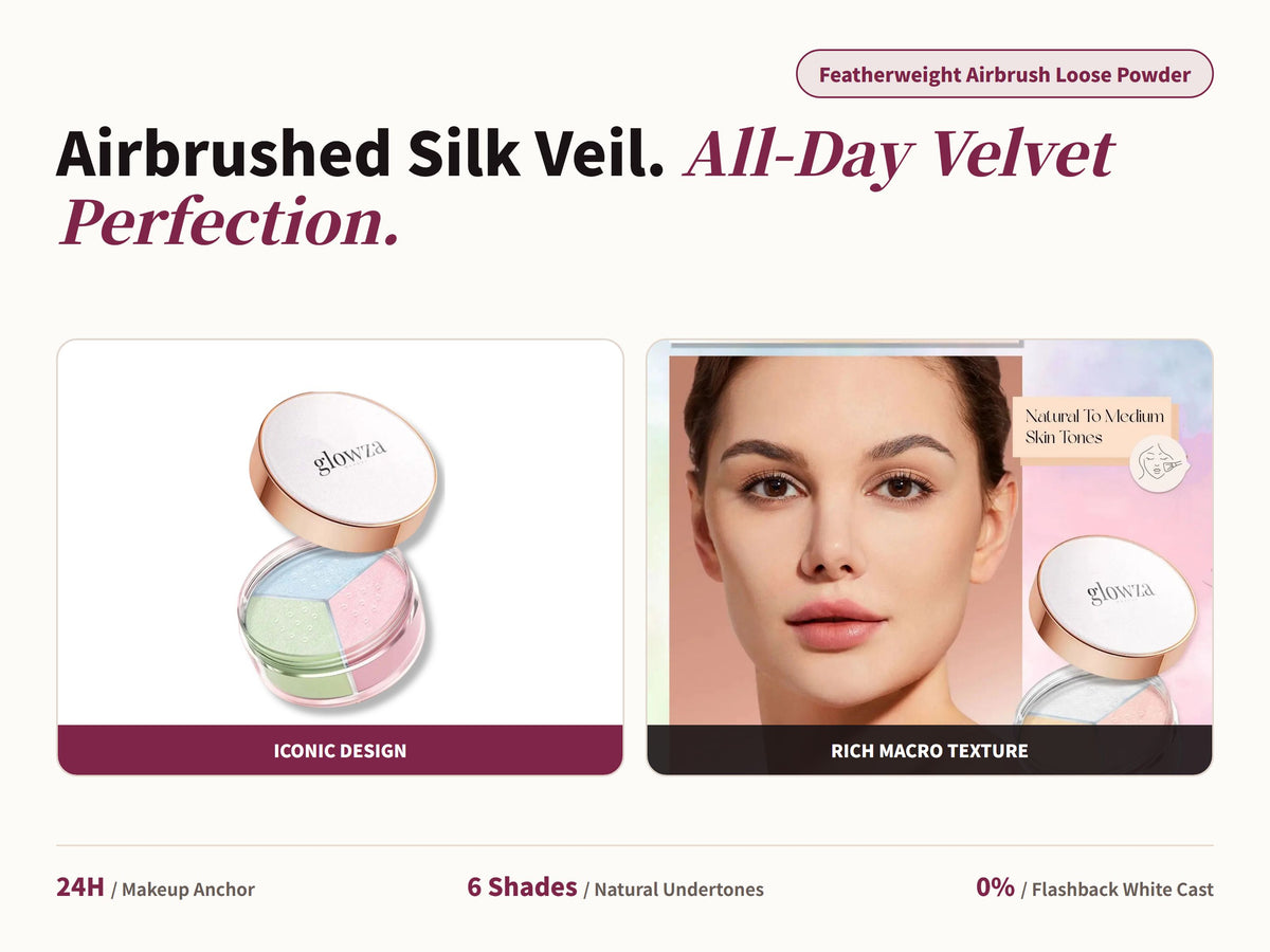Glowza Long-Wear Loose Setting Powder — Airbrushed Silk Veil. All-Day Velvet Perfection.