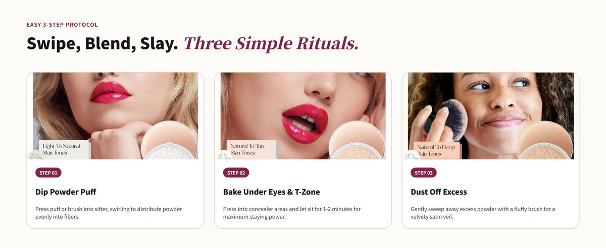 Glowza Long-Wear Loose Setting Powder — Swipe, Blend, Slay. Three Simple Rituals.