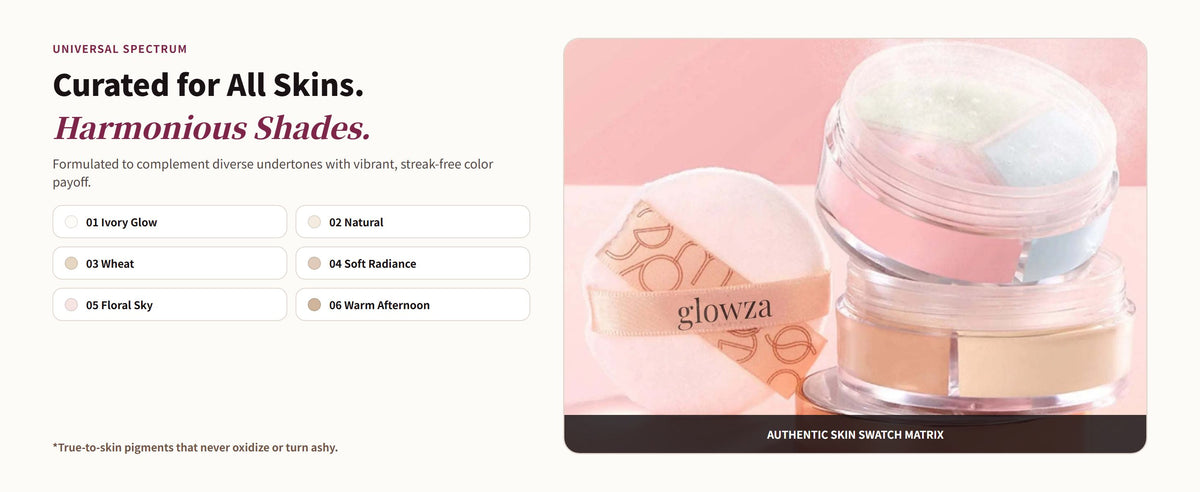 Glowza Long-Wear Loose Setting Powder — Curated for All Skins. Harmonious Shades.