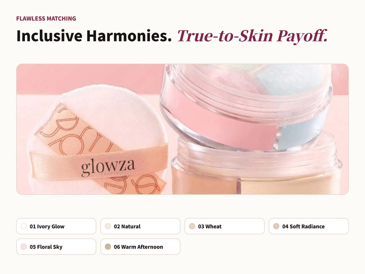 Glowza Long-Wear Loose Setting Powder — Curated for All Skins. Harmonious Shades.