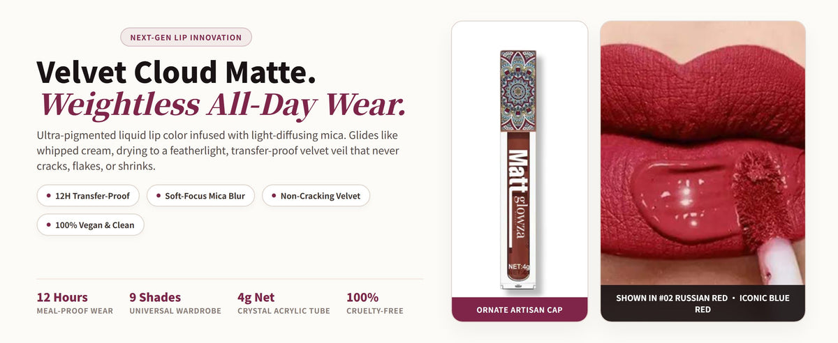 Glowza Long-Wear Matte Lip Gloss — Velvet Cloud Matte. Weightless All-Day Wear.