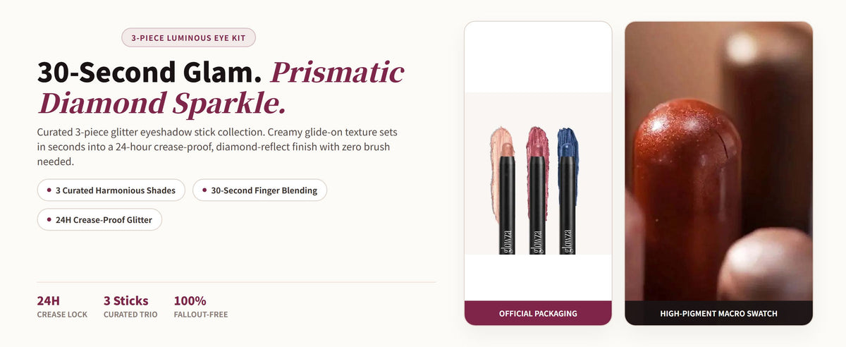 Glowza Shimmer Pop Trio Glitter Eyeshadow Stick Set — 30-Second Glam. Prismatic Diamond Sparkle.