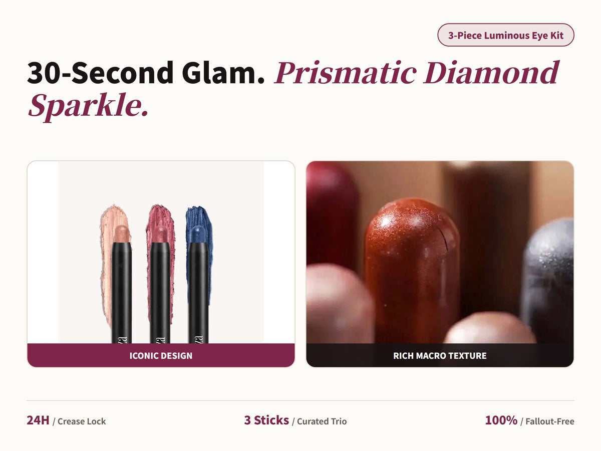 Glowza Shimmer Pop Trio Glitter Eyeshadow Stick Set — 30-Second Glam. Prismatic Diamond Sparkle.