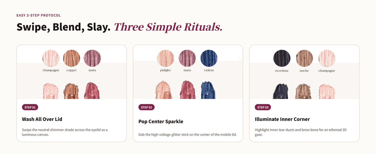 Glowza Shimmer Pop Trio Glitter Eyeshadow Stick Set — Swipe, Blend, Slay. Three Simple Rituals.