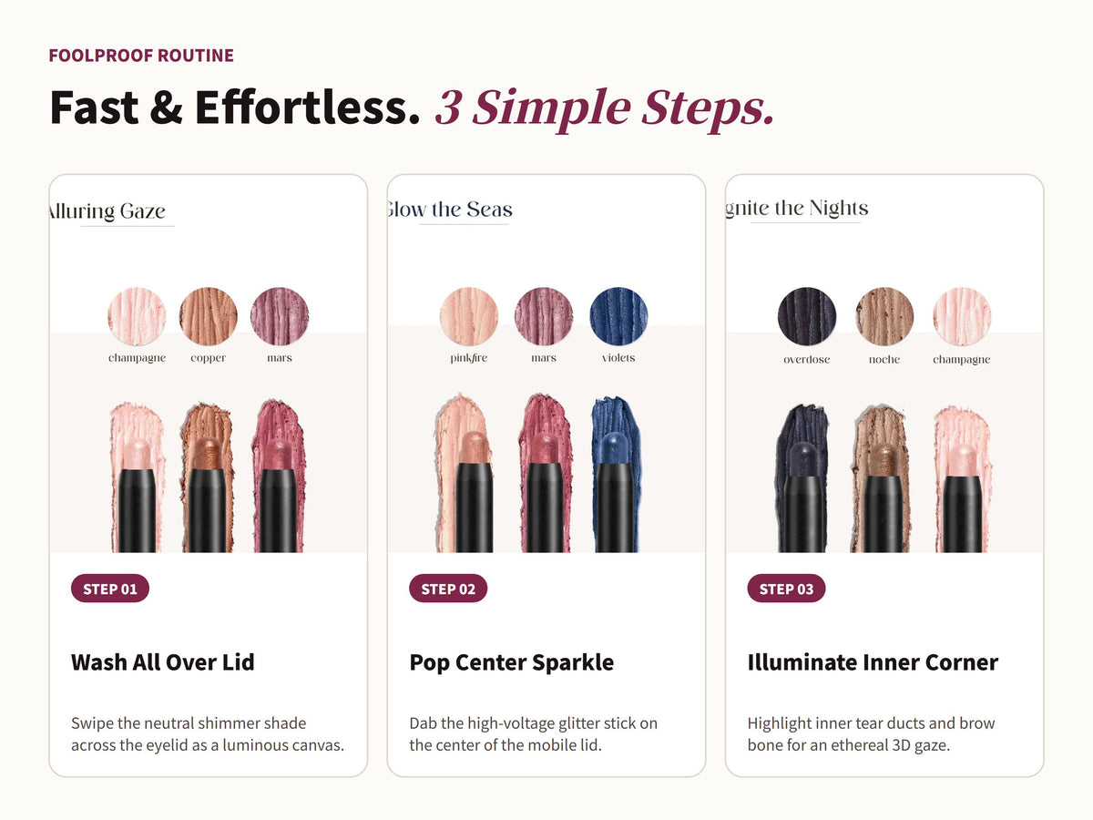 Glowza Shimmer Pop Trio Glitter Eyeshadow Stick Set — Swipe, Blend, Slay. Three Simple Rituals.