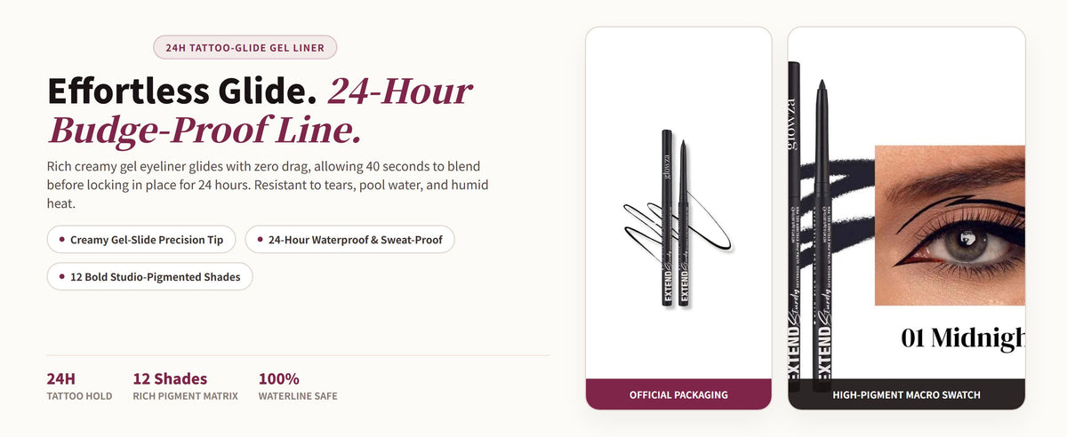 Glowza Waterproof Gel Eyeliner Pencil — Effortless Glide. 24-Hour Budge-Proof Line.