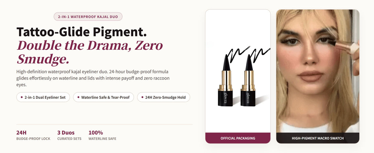Glowza Waterproof Kajal Eyeliner Duo — Tattoo-Glide Pigment. Double the Drama, Zero Smudge.
