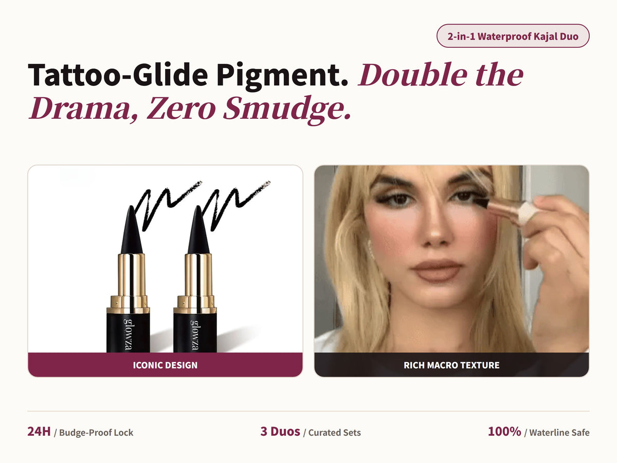 Glowza Waterproof Kajal Eyeliner Duo — Tattoo-Glide Pigment. Double the Drama, Zero Smudge.